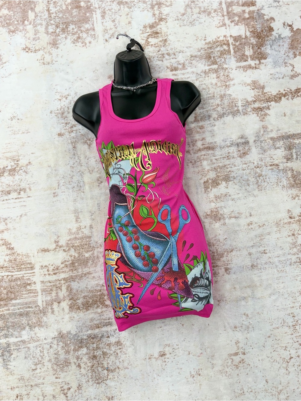 Christian Audigier Rhinestone Graphic Bodycon Mini Dress Y2K Ed Hardy Style XL